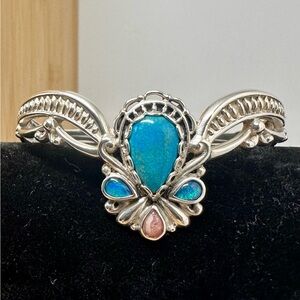 CAROLYN POLLACK Sterling Silver Turquoise Opal Scroll Filigree Cuff Bracelet